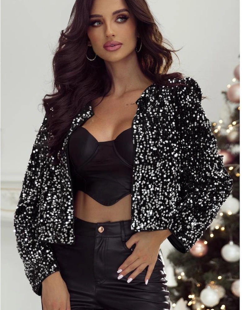 Black Sequined Open Front Cropped Jacket