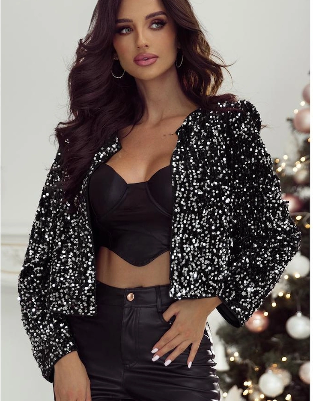 Black Sequined Open Front Cropped Jacket