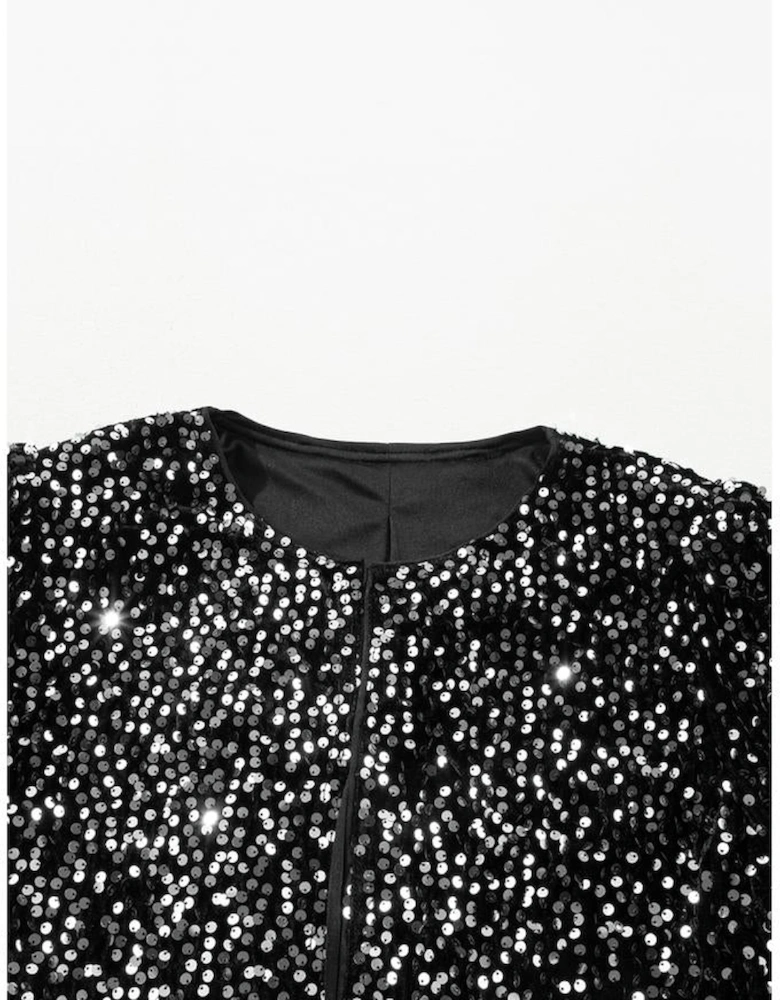 Black Sequined Open Front Cropped Jacket