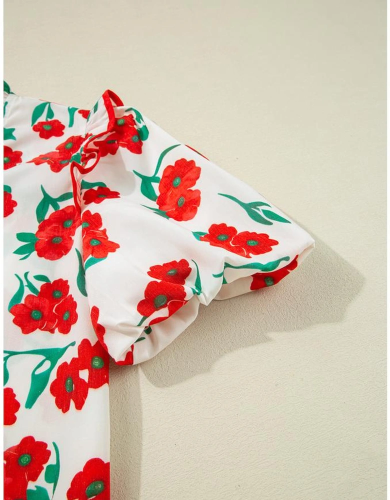 Red Floral Print Ruffled Puff Sleeve Elegant Summer Shirt