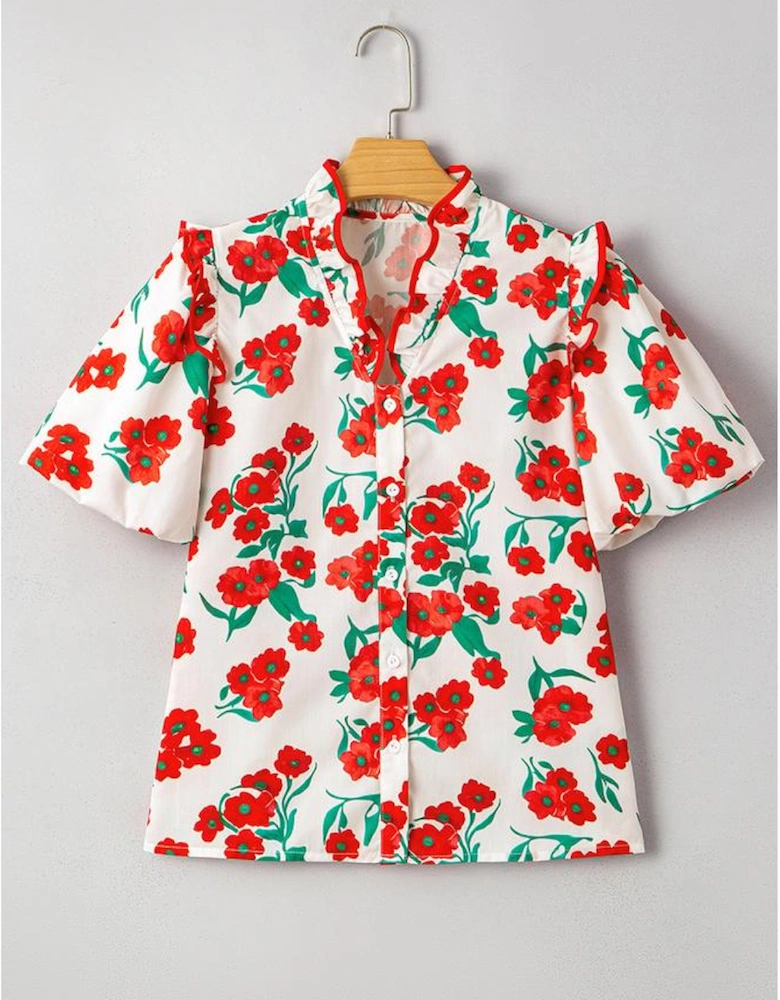Red Floral Print Ruffled Puff Sleeve Elegant Summer Shirt