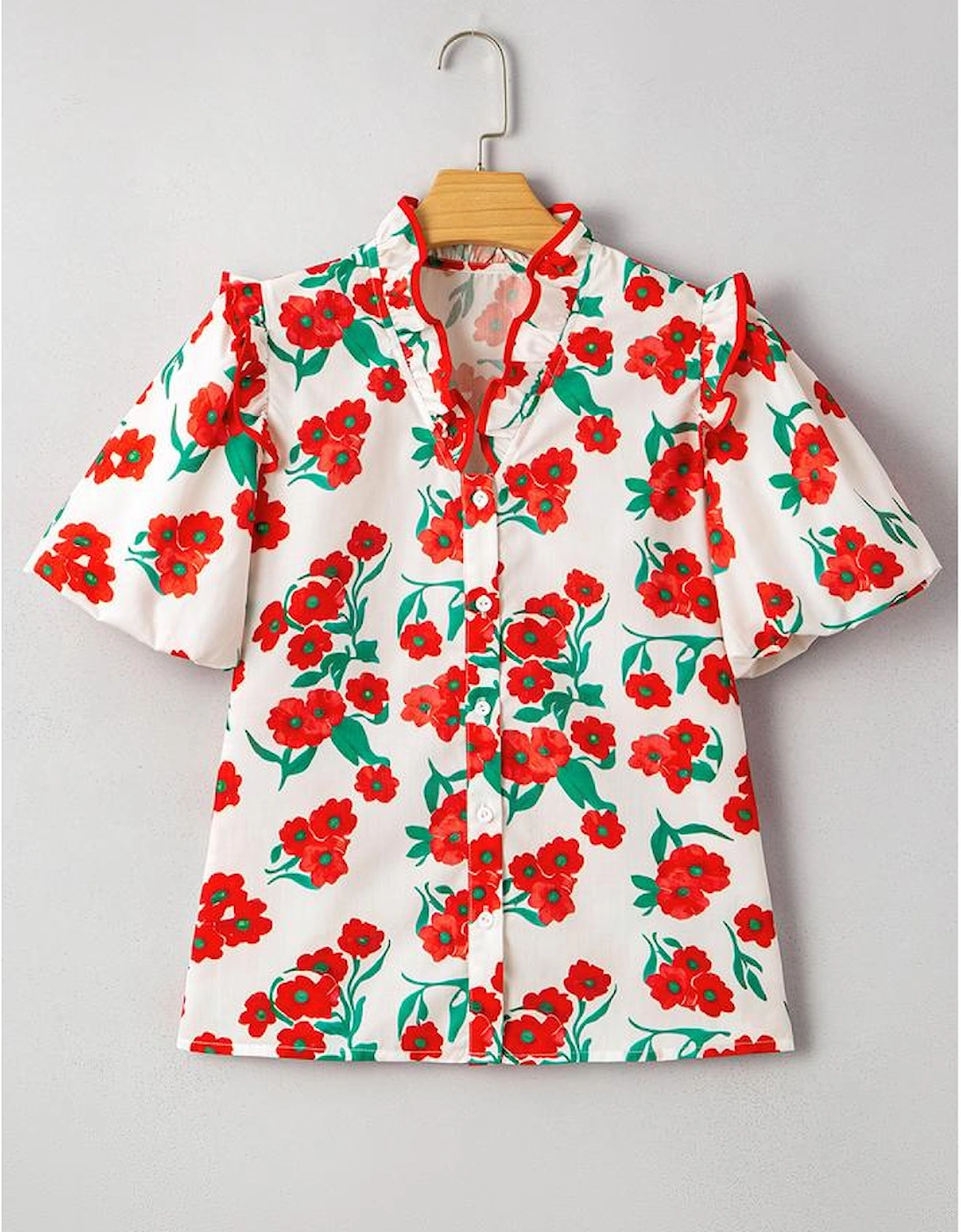 Red Floral Print Ruffled Puff Sleeve Elegant Summer Shirt