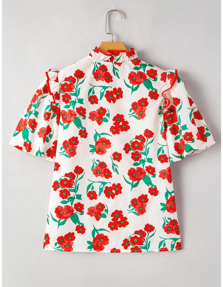 Red Floral Print Ruffled Puff Sleeve Elegant Summer Shirt