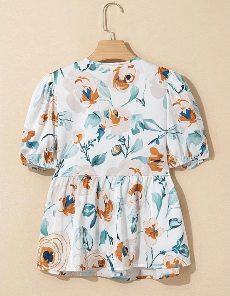 Green Floral Print Puff Sleeve V Neck Babydoll Blouse