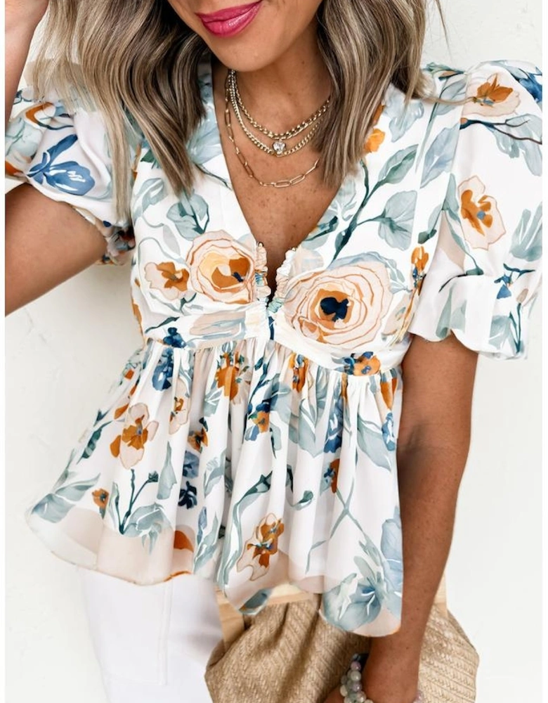 Green Floral Print Puff Sleeve V Neck Babydoll Blouse