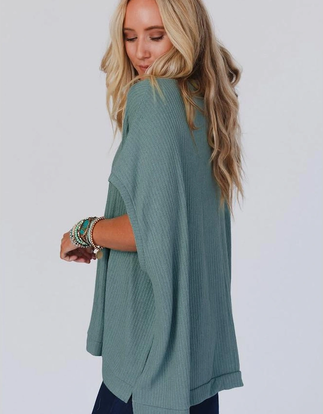 Moonlight Jade Oversized Ribbed Knit V Neck Dolman Short Sleeve Top