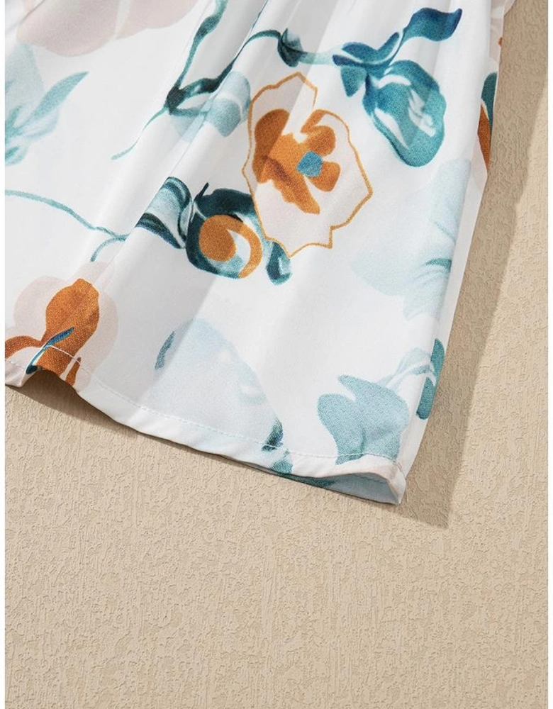 Green Floral Print Puff Sleeve V Neck Babydoll Blouse