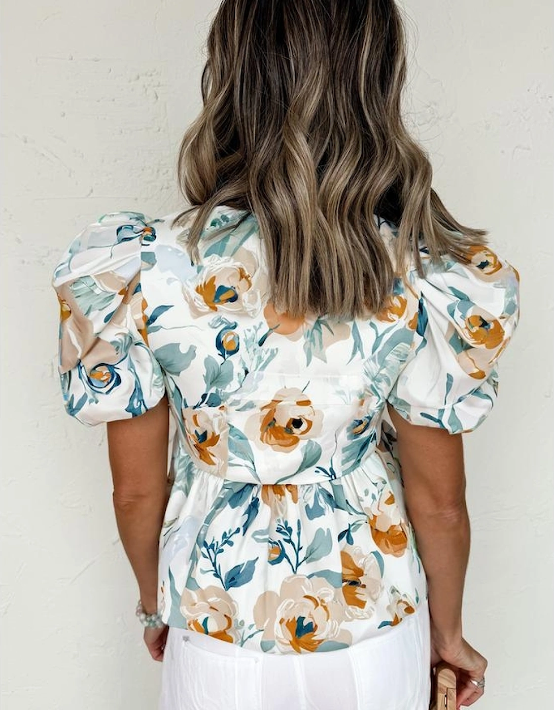 Green Floral Print Puff Sleeve V Neck Babydoll Blouse, 10 of 9