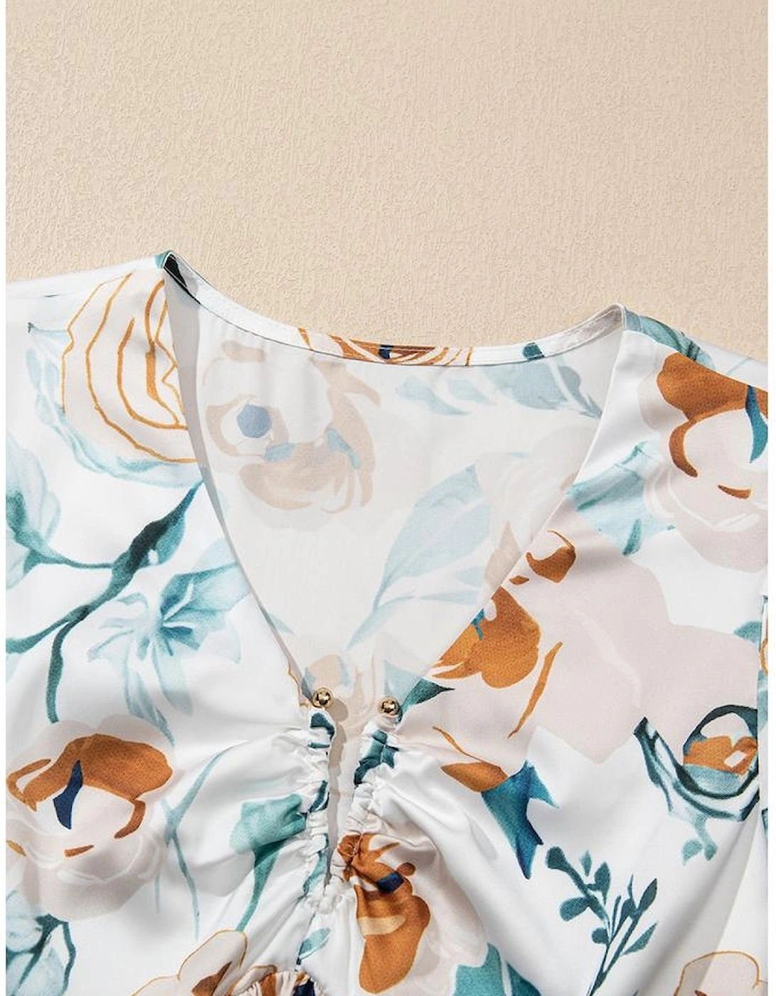 Green Floral Print Puff Sleeve V Neck Babydoll Blouse