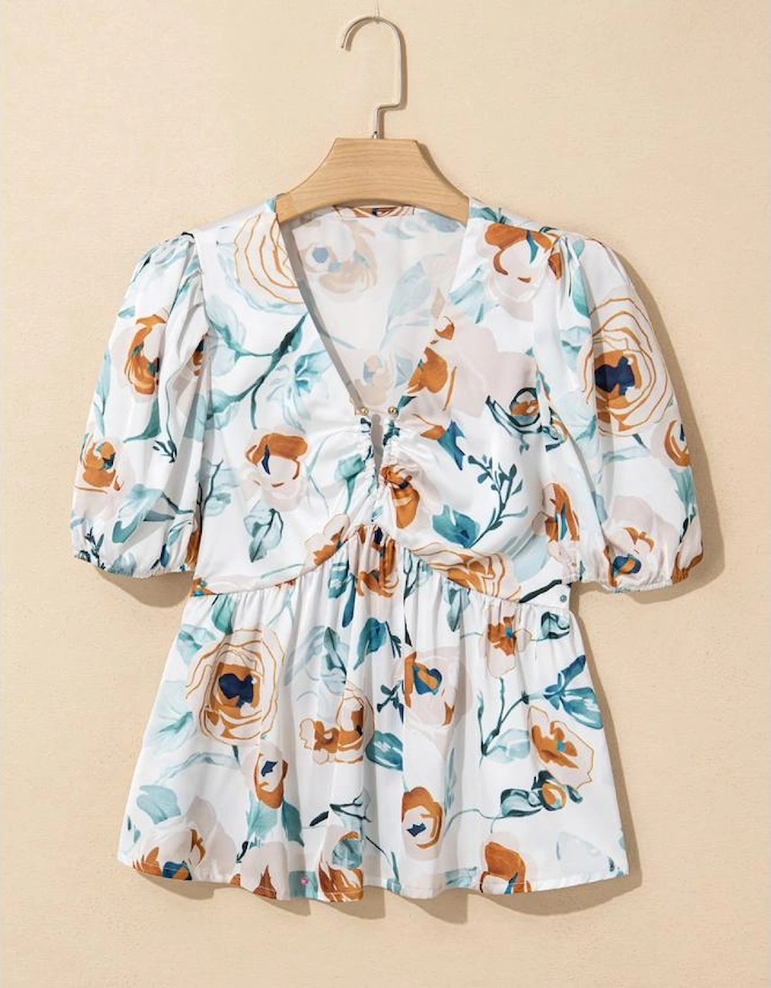 Green Floral Print Puff Sleeve V Neck Babydoll Blouse