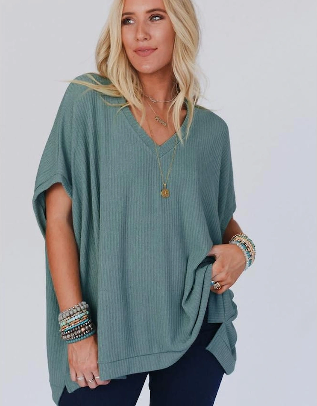 Moonlight Jade Oversized Ribbed Knit V Neck Dolman Short Sleeve Top