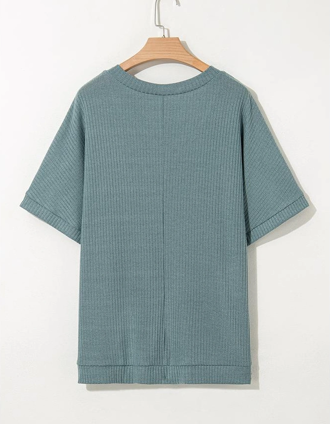 Moonlight Jade Oversized Ribbed Knit V Neck Dolman Short Sleeve Top