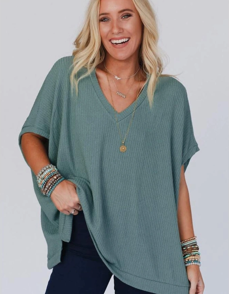Moonlight Jade Oversized Ribbed Knit V Neck Dolman Short Sleeve Top