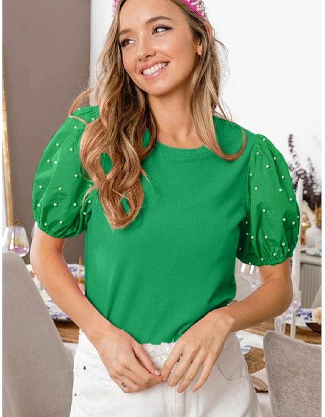 Bright Green Ribbed Pearl Beaded Puff Sleeve Top