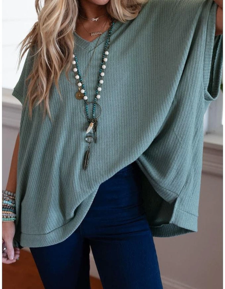 Moonlight Jade Oversized Ribbed Knit V Neck Dolman Short Sleeve Top
