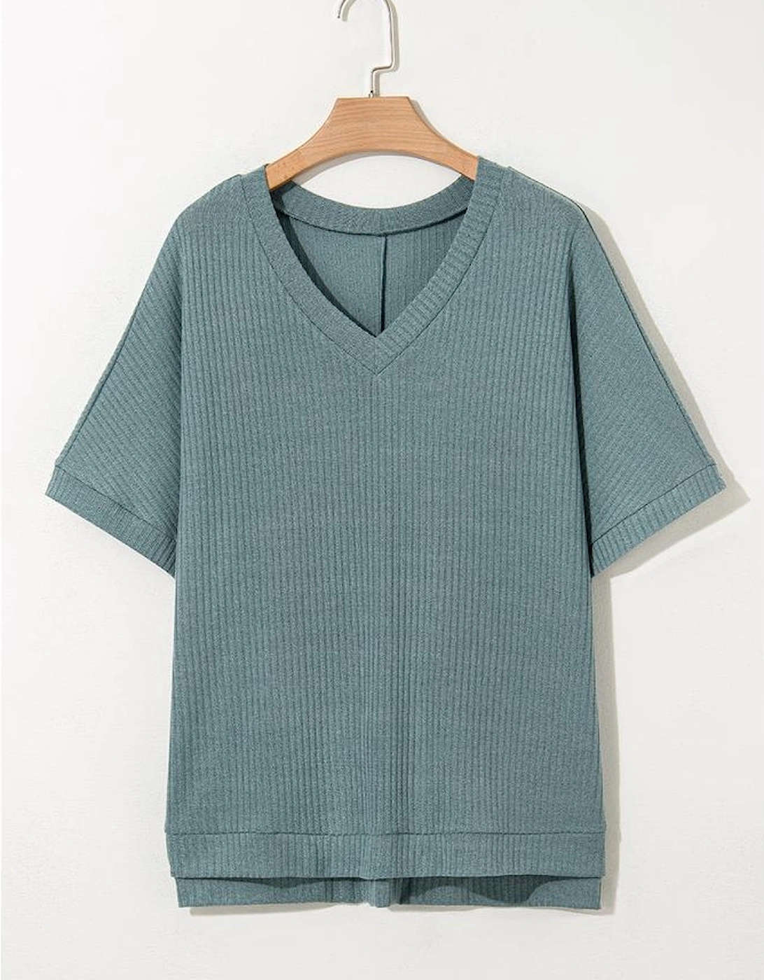 Moonlight Jade Oversized Ribbed Knit V Neck Dolman Short Sleeve Top
