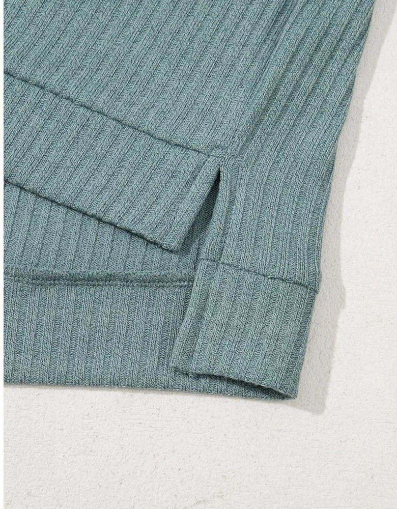 Moonlight Jade Oversized Ribbed Knit V Neck Dolman Short Sleeve Top