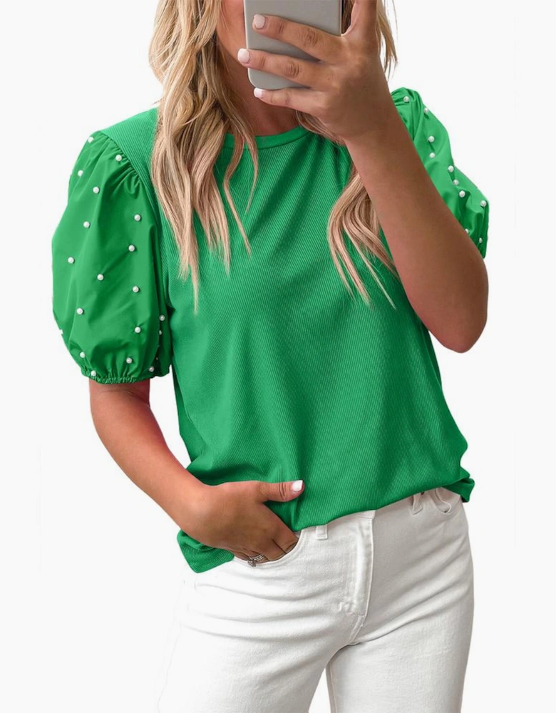 Bright Green Ribbed Pearl Beaded Puff Sleeve Top
