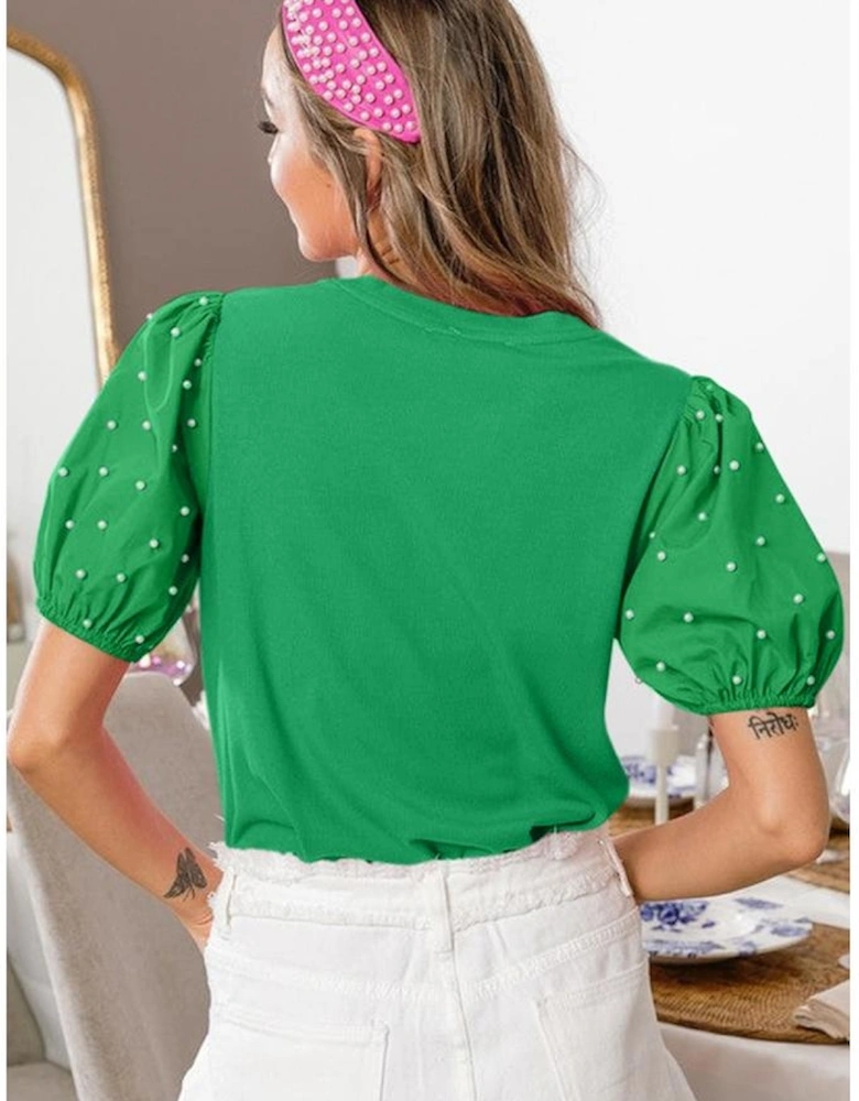 Bright Green Ribbed Pearl Beaded Puff Sleeve Top