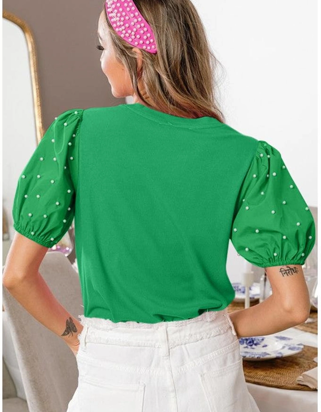Bright Green Ribbed Pearl Beaded Puff Sleeve Top, 5 of 4