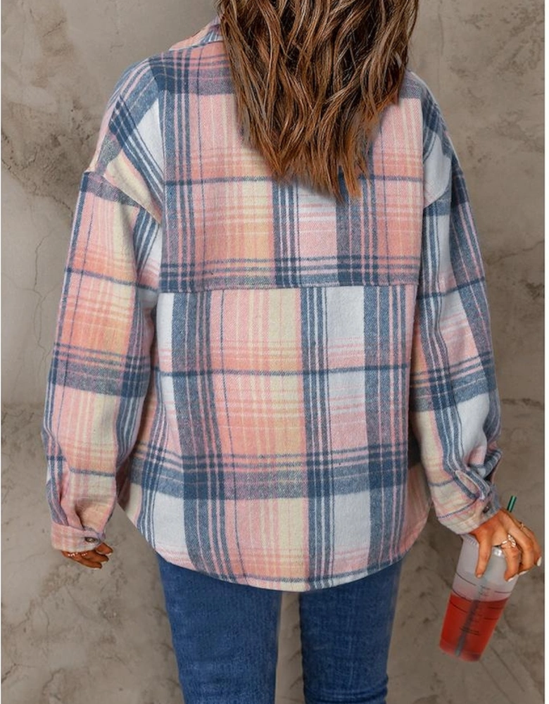 Pink Black/Pink Plaid Flap Pockets Shacket
