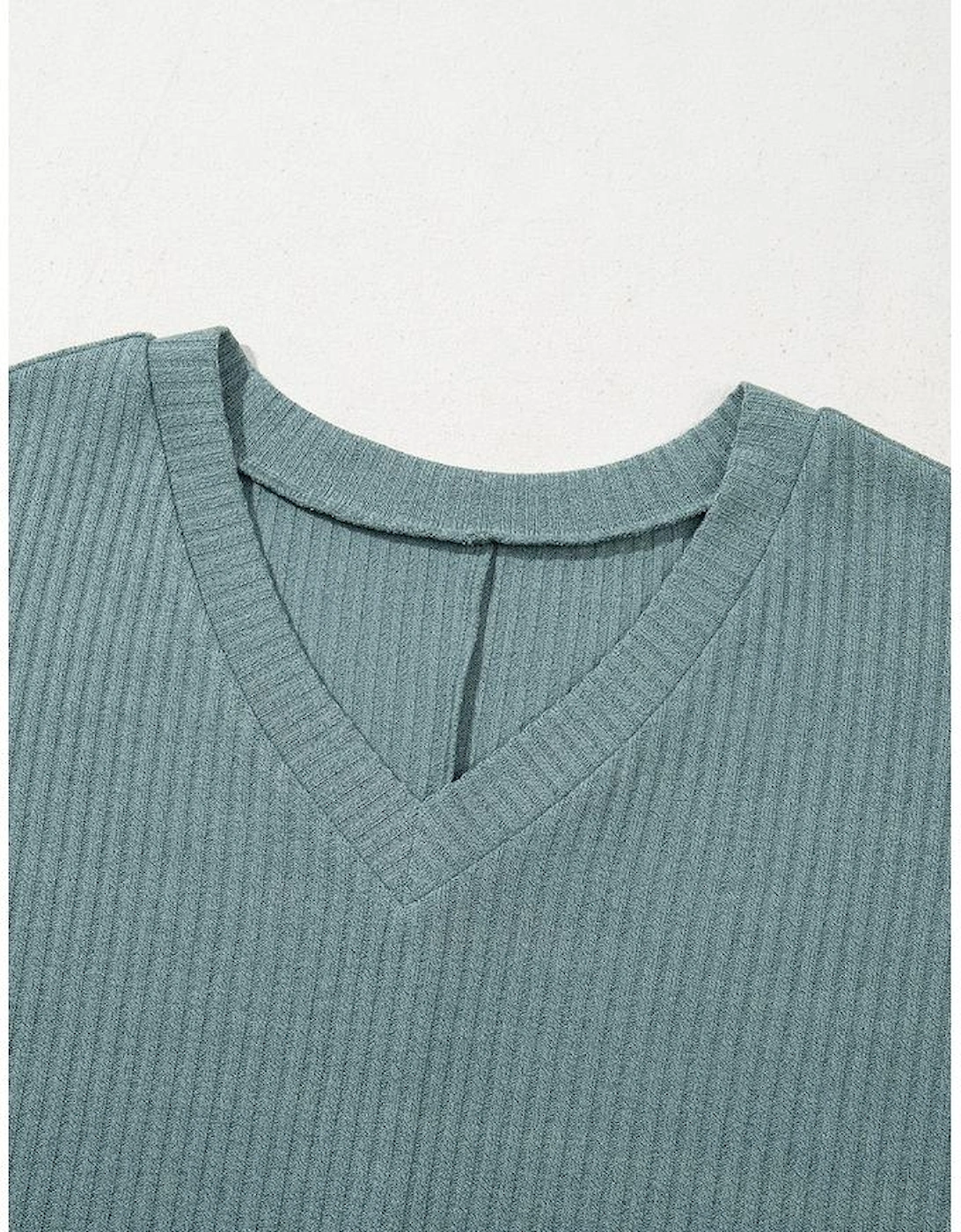 Moonlight Jade Oversized Ribbed Knit V Neck Dolman Short Sleeve Top