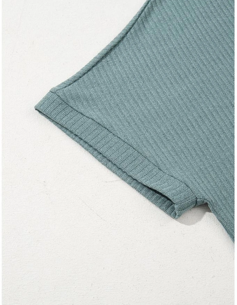 Moonlight Jade Oversized Ribbed Knit V Neck Dolman Short Sleeve Top