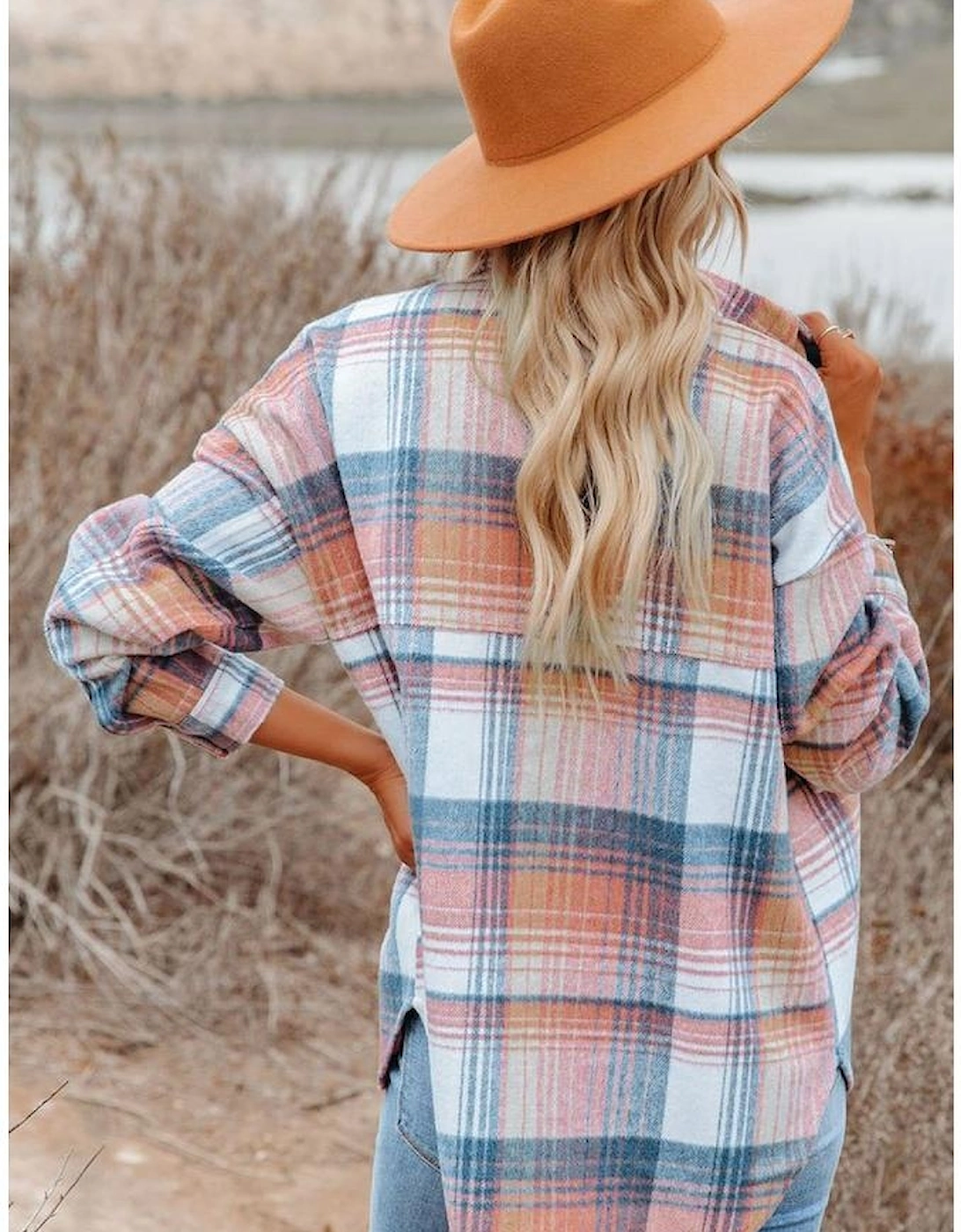 Pink Black/Pink Plaid Flap Pockets Shacket