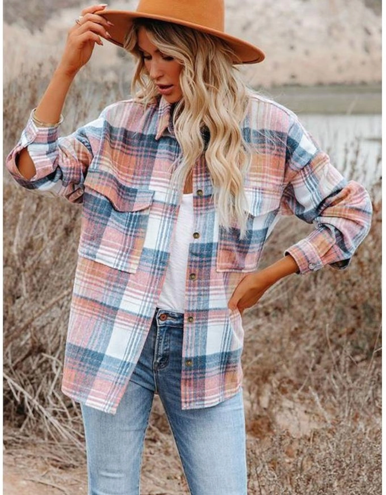 Pink Black/Pink Plaid Flap Pockets Shacket