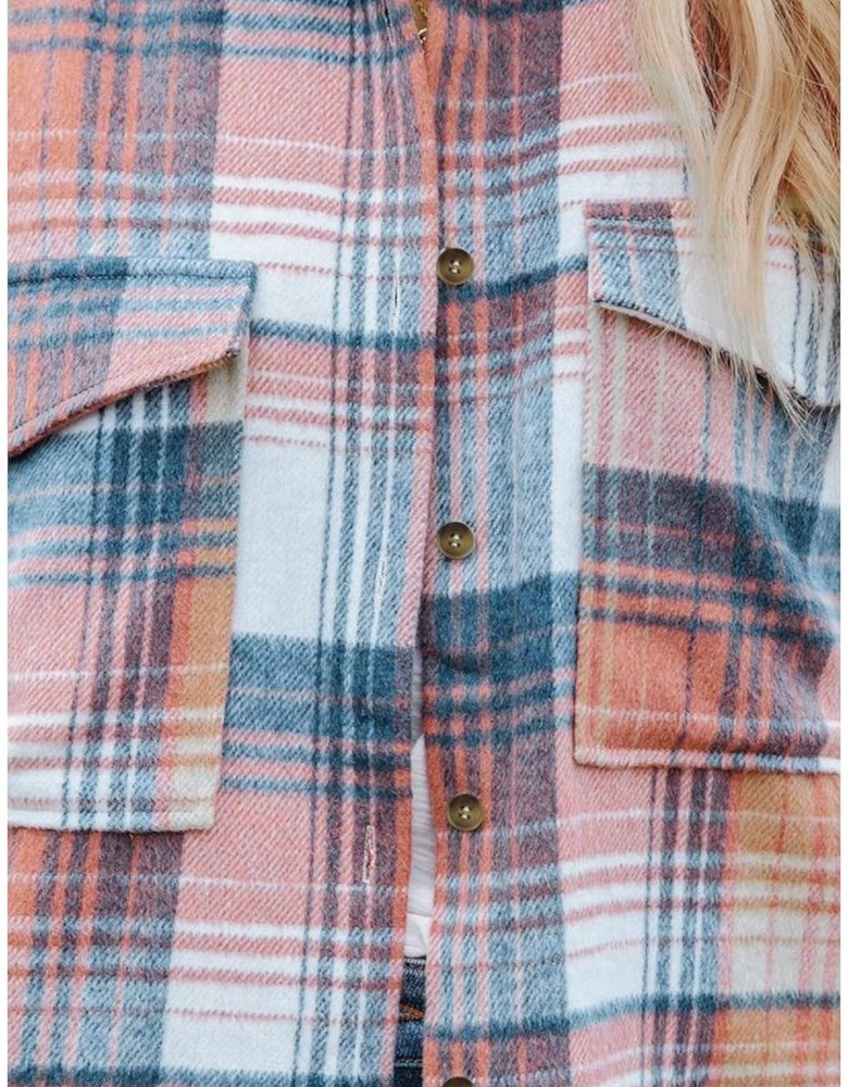 Pink Black/Pink Plaid Flap Pockets Shacket