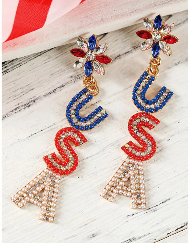 Azura Exchange Fiery Red Beaded Rhinestone Colorblock USA Earrings