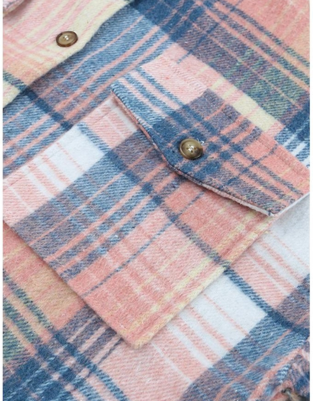 Pink Black/Pink Plaid Flap Pockets Shacket