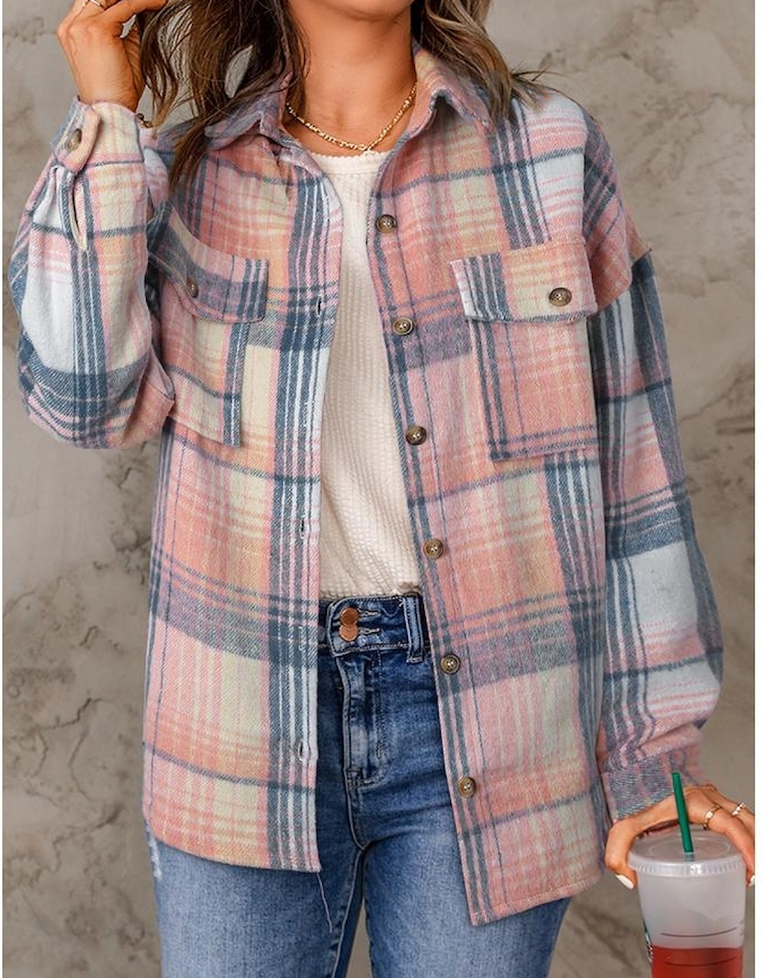 Pink Black/Pink Plaid Flap Pockets Shacket