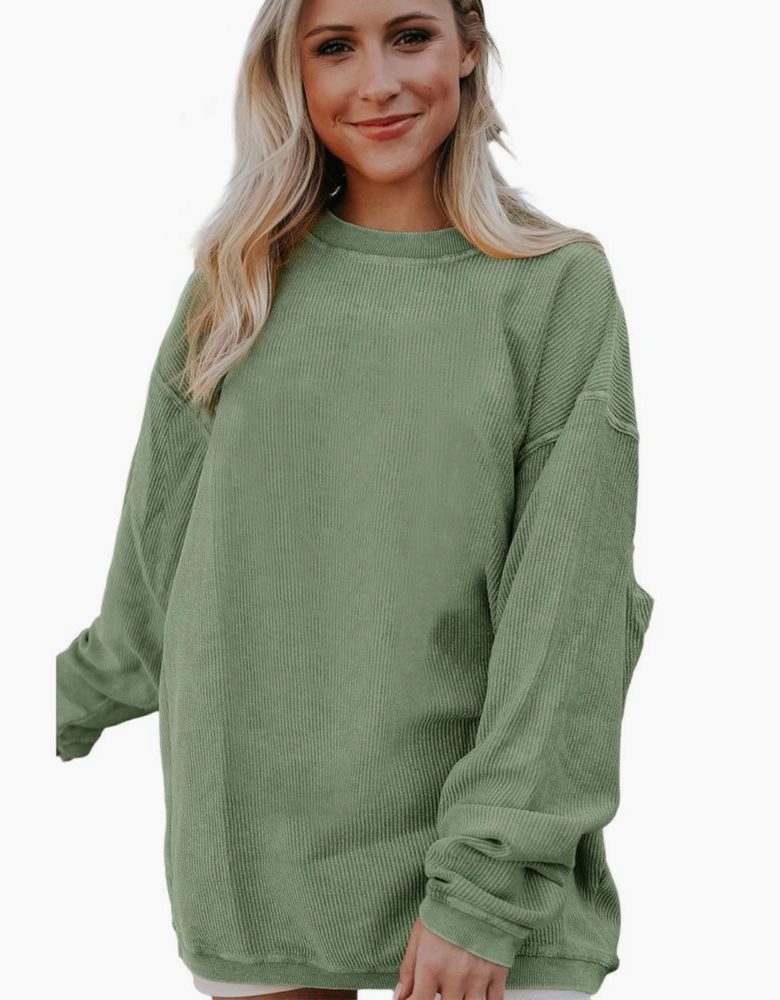 Green Ribbed Corded Oversized Sweatshirt
