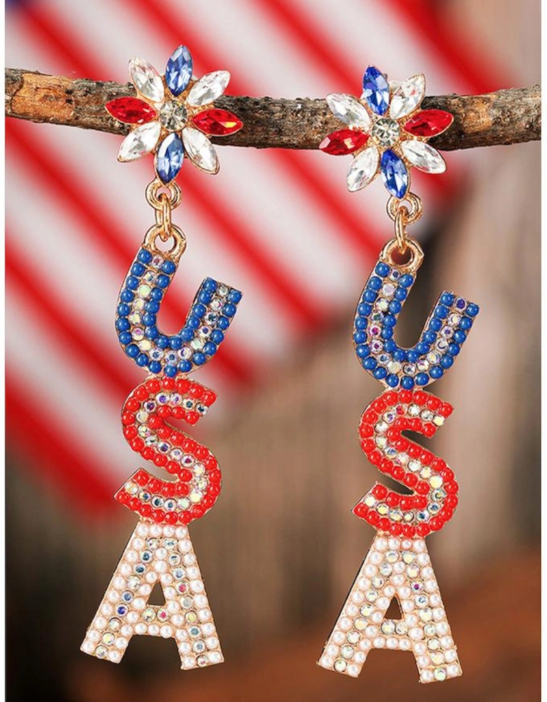 Azura Exchange Fiery Red Beaded Rhinestone Colorblock USA Earrings