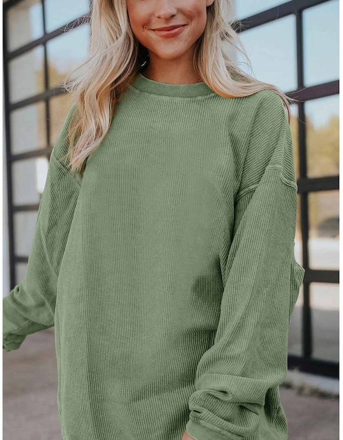 Green Ribbed Corded Oversized Sweatshirt