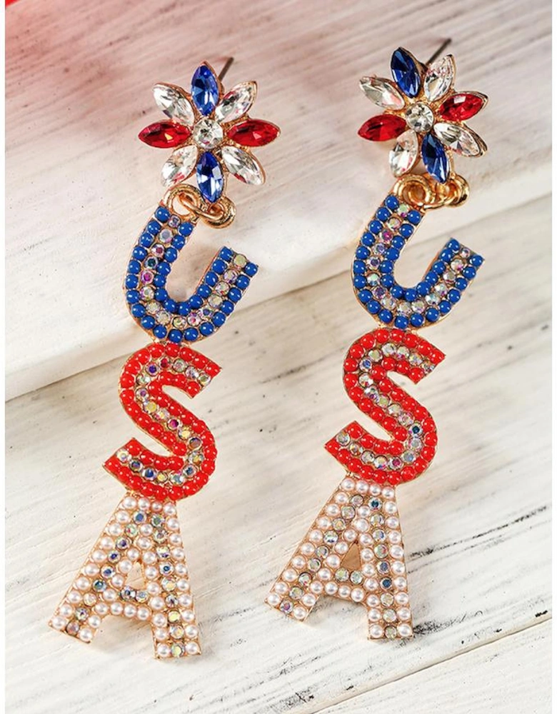 Azura Exchange Fiery Red Beaded Rhinestone Colorblock USA Earrings