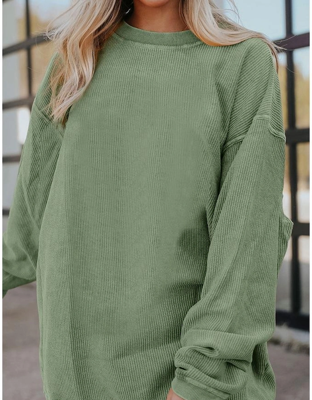Green Ribbed Corded Oversized Sweatshirt