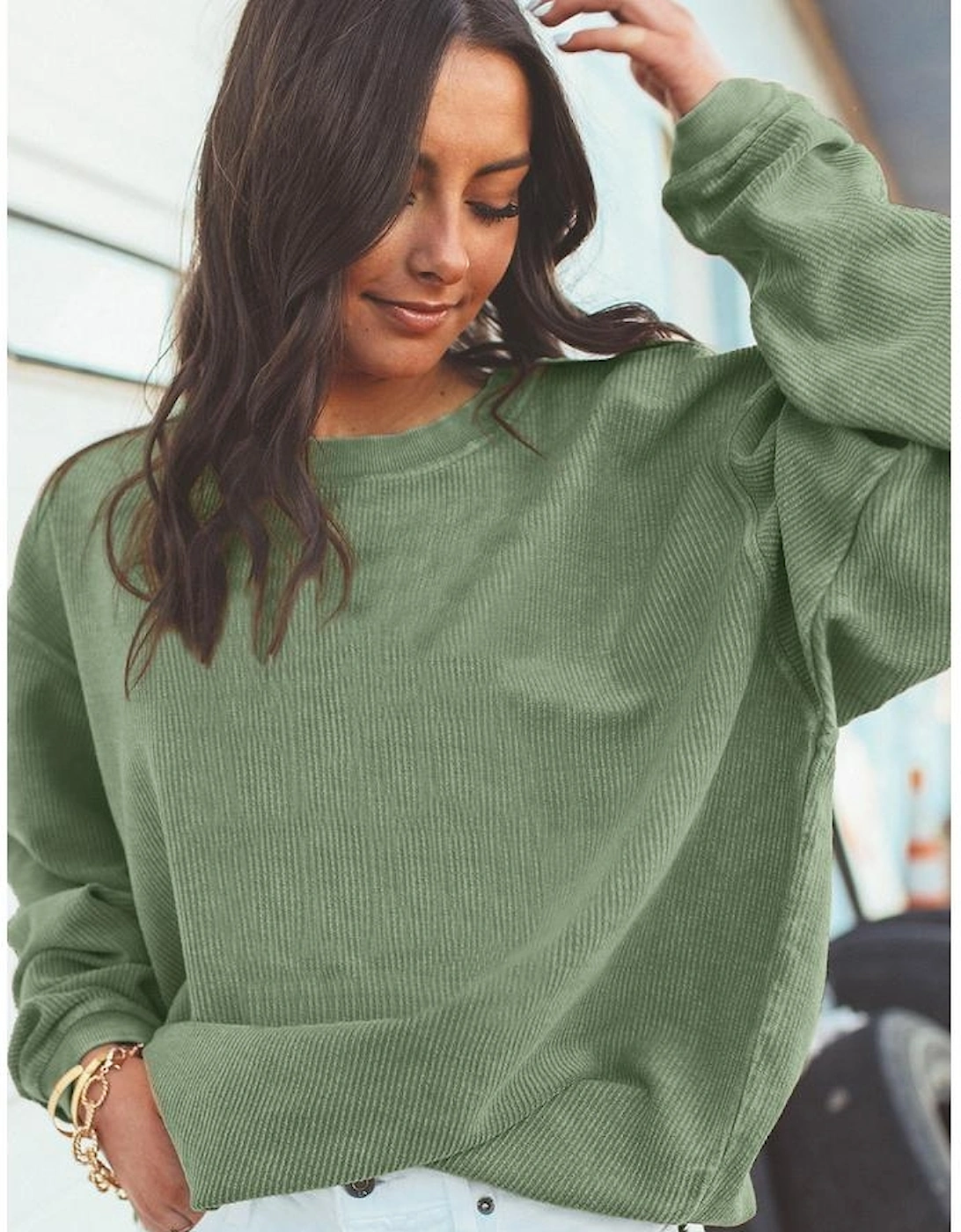 Green Ribbed Corded Oversized Sweatshirt