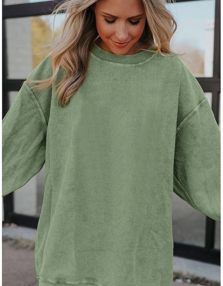 Green Ribbed Corded Oversized Sweatshirt