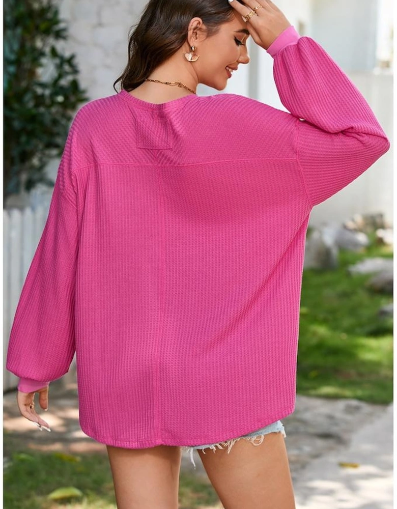 Bright Pink Waffle V Neck Long Sleeve Drop Shoulder Loose Blouse