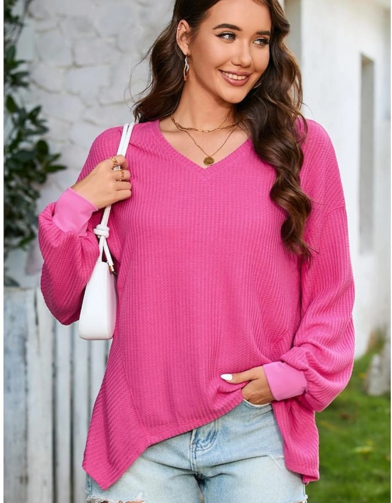 Bright Pink Waffle V Neck Long Sleeve Drop Shoulder Loose Blouse