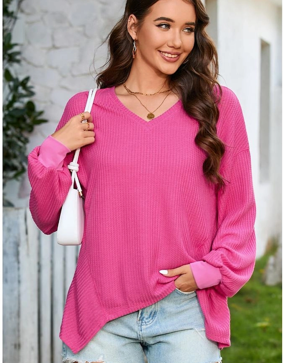 Bright Pink Waffle V Neck Long Sleeve Drop Shoulder Loose Blouse