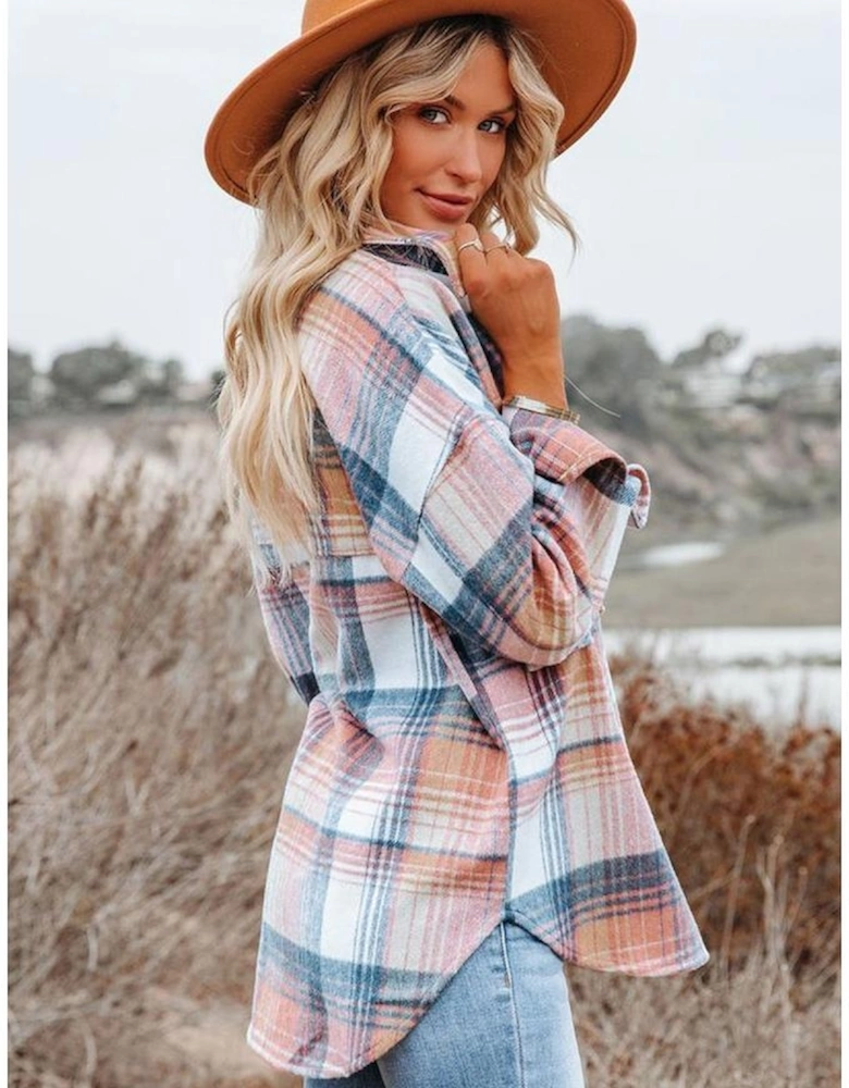 Pink Black/Pink Plaid Flap Pockets Shacket