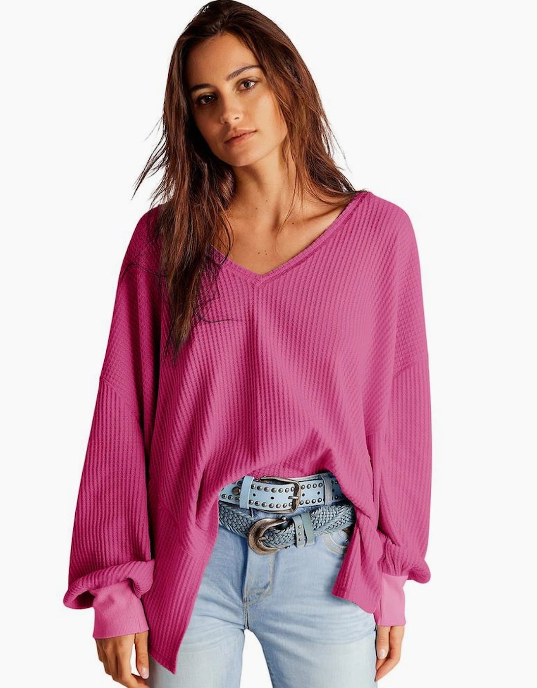 Bright Pink Waffle V Neck Long Sleeve Drop Shoulder Loose Blouse