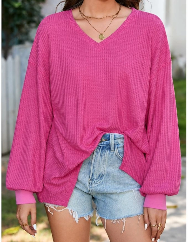 Bright Pink Waffle V Neck Long Sleeve Drop Shoulder Loose Blouse