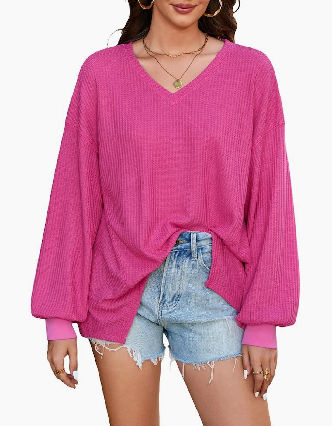 Bright Pink Waffle V Neck Long Sleeve Drop Shoulder Loose Blouse