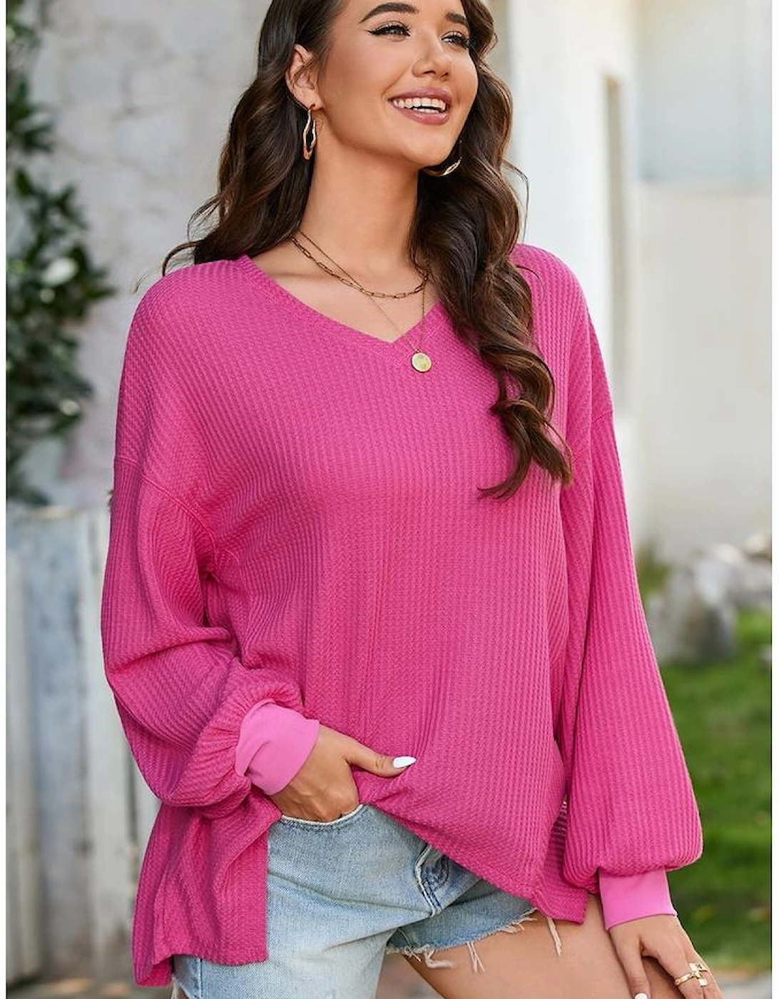 Bright Pink Waffle V Neck Long Sleeve Drop Shoulder Loose Blouse
