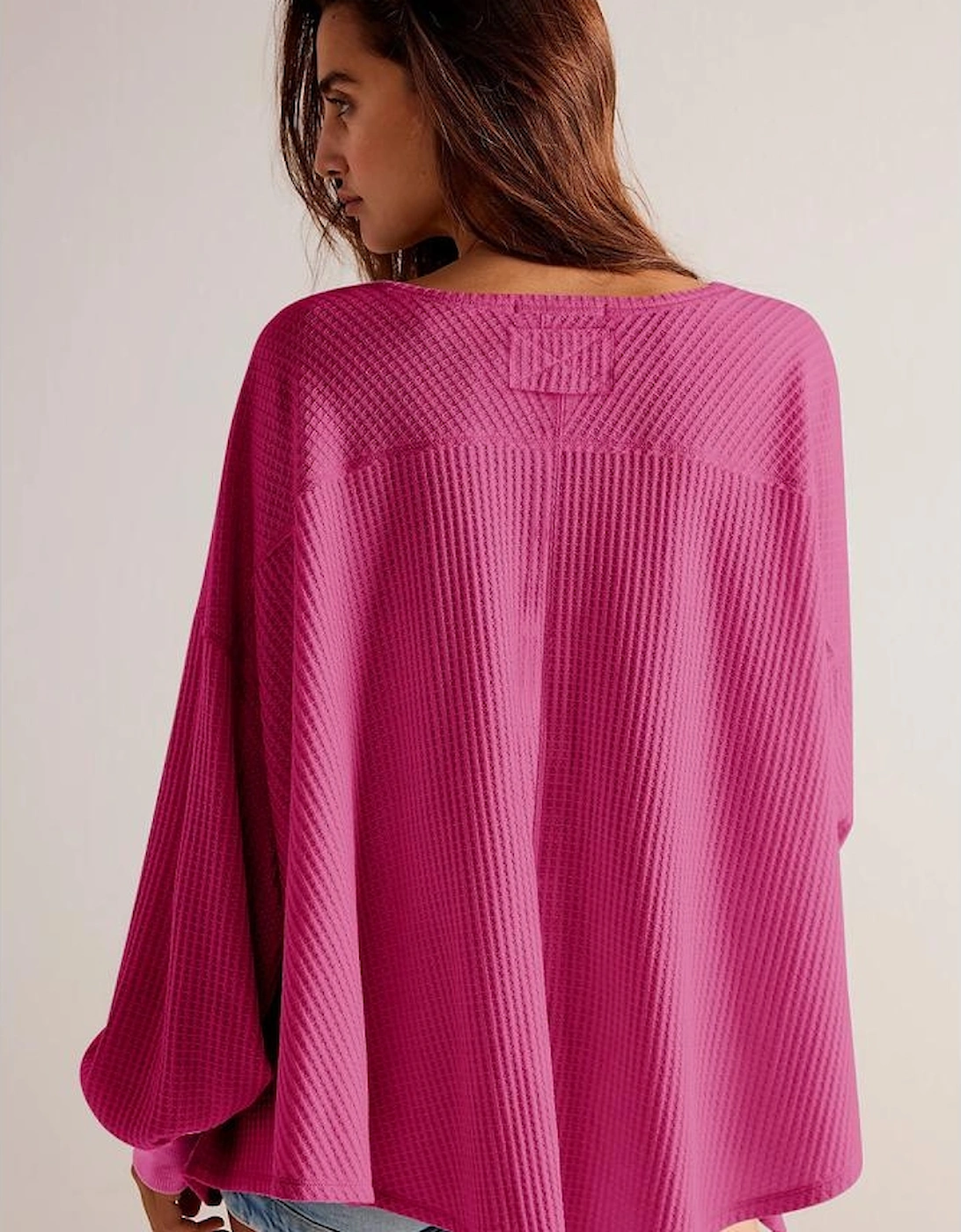 Bright Pink Waffle V Neck Long Sleeve Drop Shoulder Loose Blouse