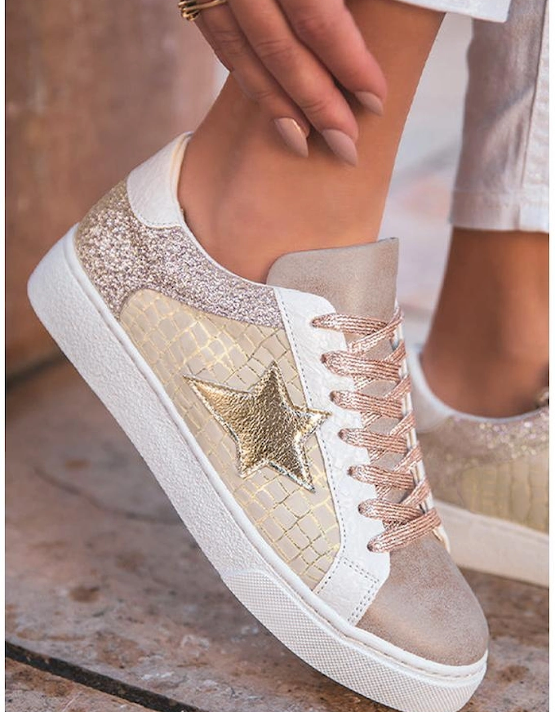 Gold Glitter Star Patchwork PU Leather Lace-up Sneakers